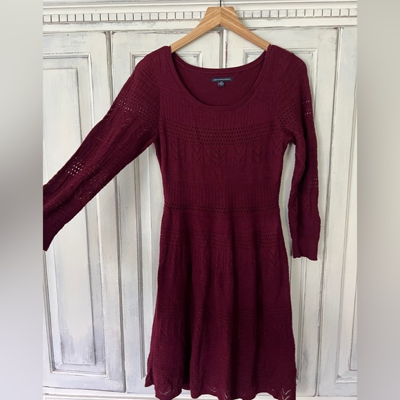 🟠AMERICAN EAGLE Lined Crochet Long Sleeve Boho Sweater Dress in Deep Wine SMALL - Picture 2 of 12